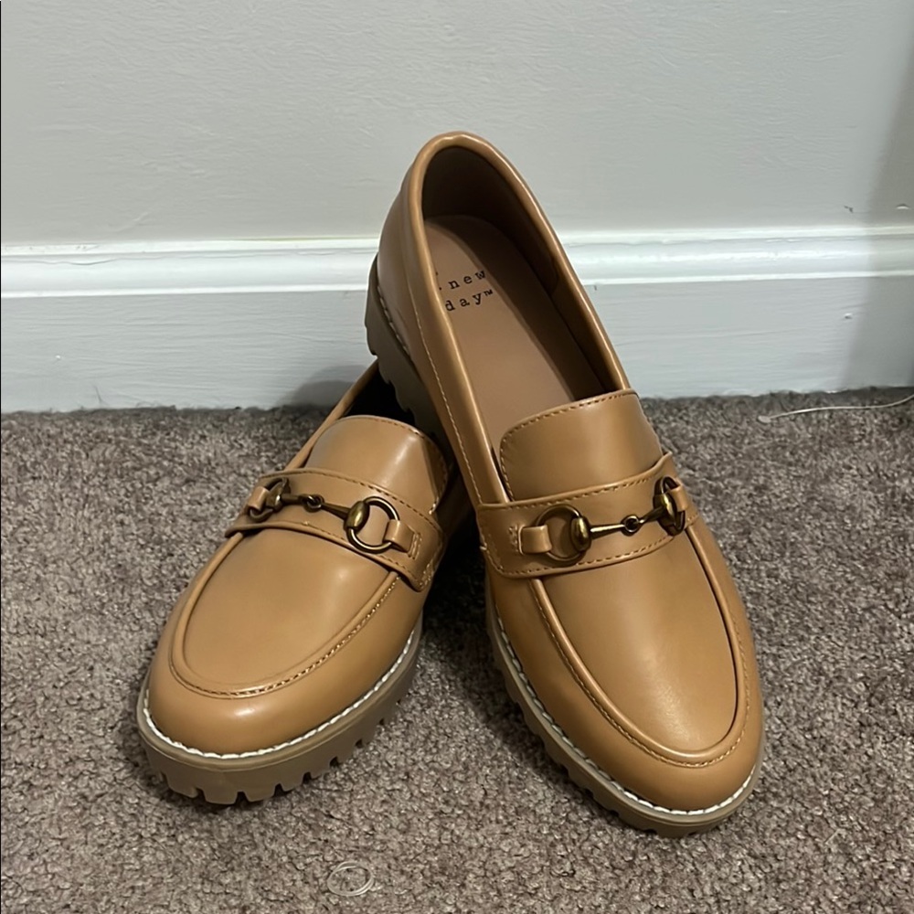 A New Day Tan Flats with Rounded Toe and Decorative Buckle
